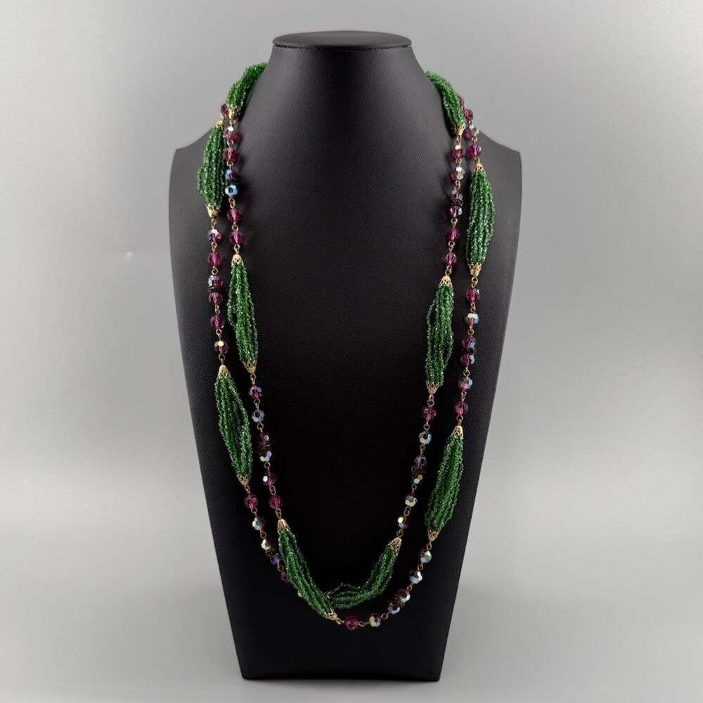 Vintage Hattie Carnegie Signed Green Seed Bead Purple AB Crystal Long Necklace